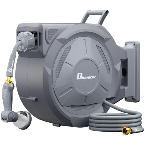 Retractable Garden Hose, 5/8" × 110 ft Wall Mounted Garden Hose Reel with 10-Pattern Hose Nozzle, Heavy Duty Water Hose Any Length Lock,Slow Return System,180°Swivel Bracket