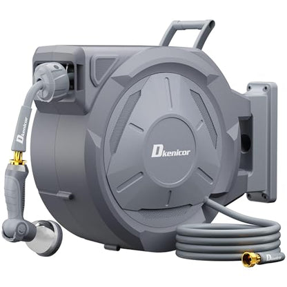 Retractable Garden Hose, 5/8" × 110 ft Wall Mounted Garden Hose Reel with 10-Pattern Hose Nozzle, Heavy Duty Water Hose Any Length Lock,Slow Return System,180°Swivel Bracket