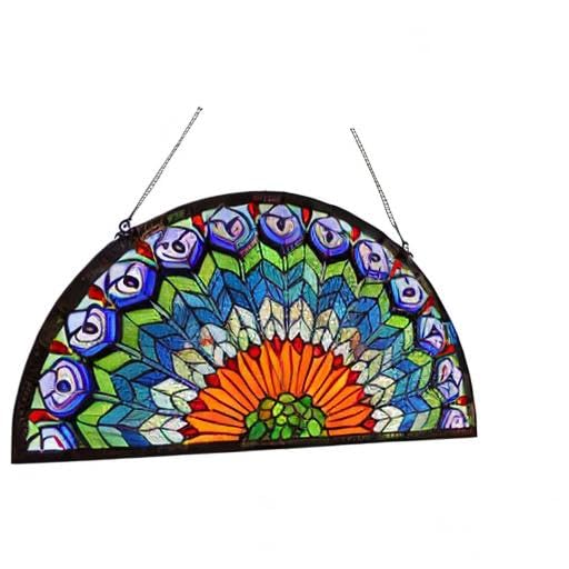 Bieye W10034 Blue Peacock Feather Tiffany Style Stained Glass Window Panel - size: 36Wx18H Half-round