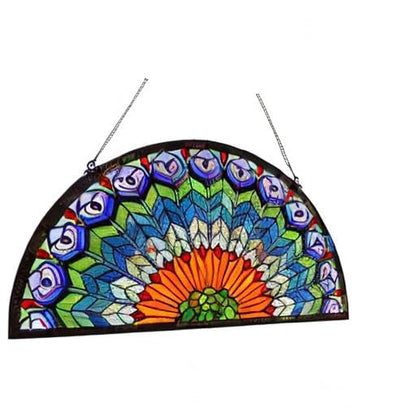 Bieye W10034 Blue Peacock Feather Tiffany Style Stained Glass Window Panel - size: 36Wx18H Half-round