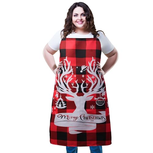 Plus Size Adjustable Bib Apron Water Resistant Canvas Extra Wide Long Ties Aprons with 2 Pockets Kitchen Cooking Gardening - color: Christmas Reindeer on Red-black Plaid