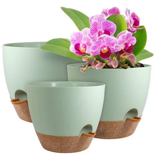 WSMKSZ 10/9/8 inch Self Watering Pots for Indoor Outdoor Plants, Set of 3 - color: Green With Brown, size: 10"+9"+8"