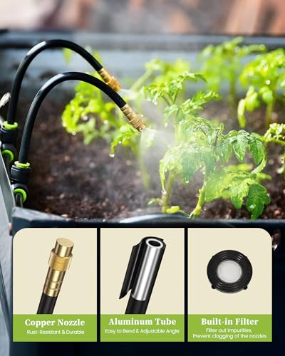 RAINPOINT 50FT Drip Irrigation System, Garden Watering Kit with 15pcs 360°Adjustable Copper Nozzles, Automatic Atomizing Watering Sprinkler System for Greenhouse, Lawn, Raised Beds, Outdoor Plants - size: 50FT