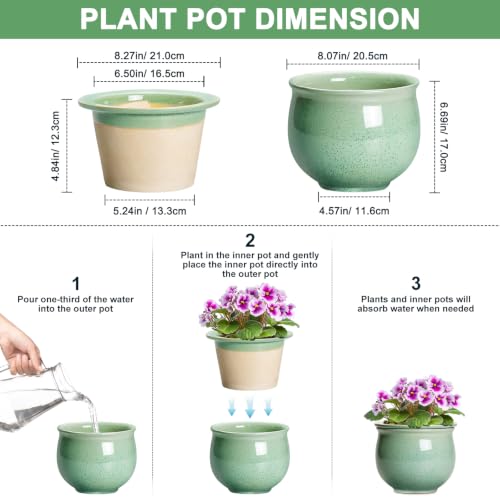 Ceramic Self Watering Planter, 8 Inch African Violet Pots, Green - color: Green, size: 8 Inch