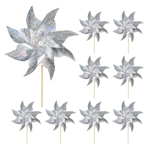 HOOSUN 10 Pack Reflective Pinwheels for Yard and Garden,Wind Spinners Outdoor Bird Scare Devices,Sparkly Windmills for Garden Decor Scare Birds Away Wind Spinners for Outside Patio Yard Lawn - color: Silver