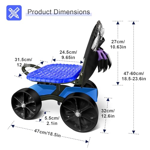 i Cover Garden Cart Rolling Stool with Four Wheels and Tool Bag, Stable Workseat Sturdy Carts Adjustable Seat Height and Direction, Gardening Helper, Blue - size: 4 Wheels