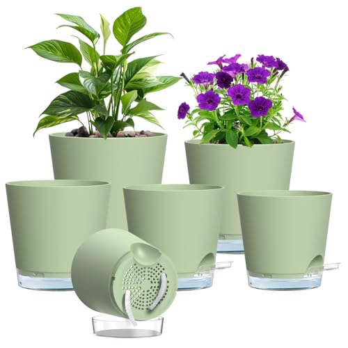 Meowell Self Watering Pots Pack of 6 – Different Size 4" to 7" Indoor Plant Pots with Drainage Holes and Clear Reservoir for Visible Water Level, Plastic Wicking Planters for House Plants, Green - color: Green, size: 7+6.5+6+5.5+5+4 in 6pcs