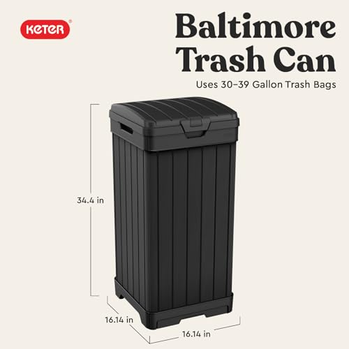Keter Baltimore Resin 38 Gallon Outdoor Kitchen Trash Can with Lid and Drip Tray for Easy Cleaning-Perfect for Patio Dining, Black - style: Baltimore