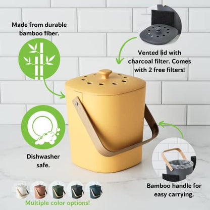 Bamboozle Kitchen Compost Bin – Indoor Countertop Food Composter, Made of Sustainable Bamboo Fiber | Saffron Color - color: Saffron
