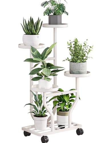 Plant Stand with Wheels, White 4 Tier Metal Plant Shelf for Indoor Outdoor - color: White, size: 4 Tier