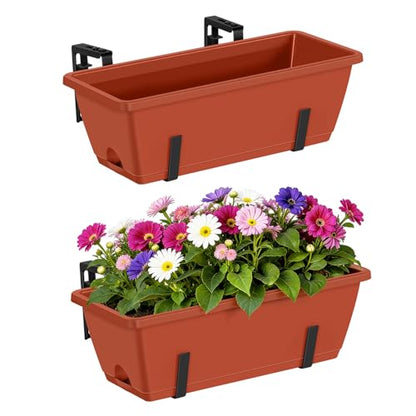 CADUKE Railing Planter Boxes Deck 2 Pack Railing Flower Box with Adjustable Bracket 17 Inch Window Boxes Rectangle Window Deck Hanging Planters Boxes for Outdoor Patio, Red - color: Red