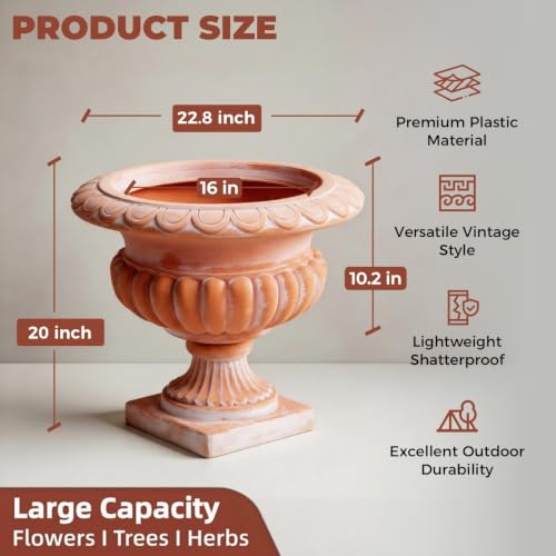 20" H Roman Urn Planter, Weathered Terracotta Finish Flowerpot (Plastic) - color: Terracotta