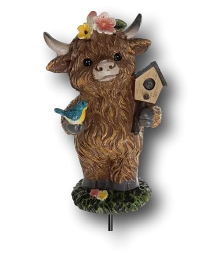Beautiful Garden Plant Stake Picks Indoor or Outdoor (Highland Cow w Birdhouse) - color: Highland Cow w Birdhouse