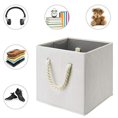 Foldable Storage Cube Bins Beige-White Bamboo Fabric Collapsible Resistant Basket Box Organizer with Cotton Rope Handle for Home Office and Nursery 10.5x10.5x11 inch