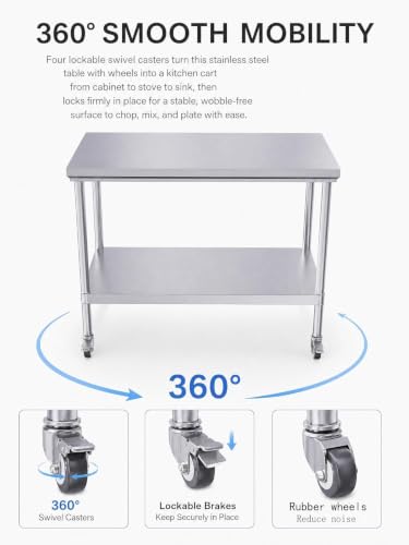 24x48 Stainless Steel 2-Tier Prep Table, 900LB Cart, Casters, Garage - color: Casters
