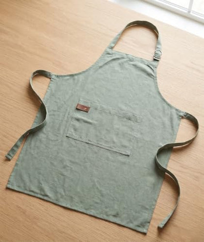 Washed Cotton Kitchen Apron | Adjustable 25x31, Light Green