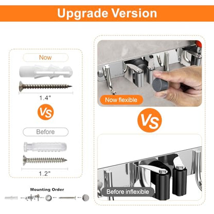 CUXIXA Mop and Broom Holder Wall Mount for Kitchen Garden Laundry Garage - color: Silver, size: 4 Racks with 5 Hooks