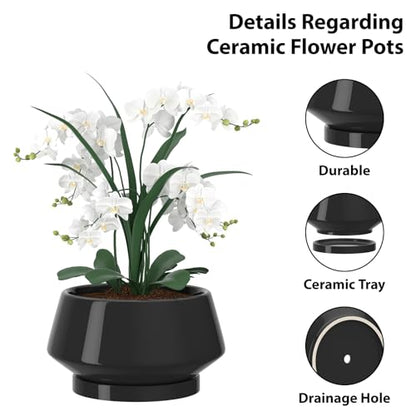 8.3 Inch Black Ceramic Planter with Drainage Hole and Saucer - color: Gloss Black, size: Medium