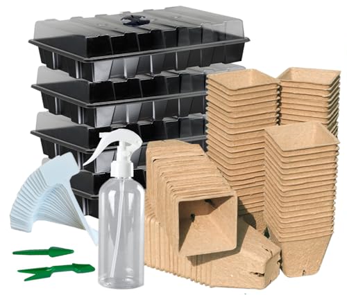 Seed Starter Kit with 100 Peat Pots for Seedlings Seed Starter Tray, 5 Plastic Growing Trays with Water Strainer & Adjustable Humidity Dome Outdoor or Indoor Herb Garden Nursery