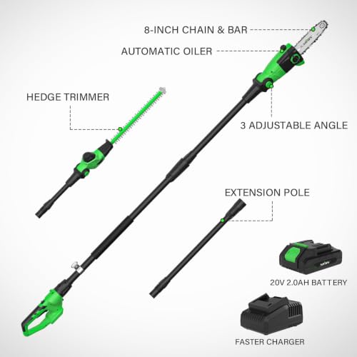 SOYUS 2-in-1 8-Inch Pole Saw and 18-Inch Pole Hedge Trimmer 2.0Ah Battery - color: Forest Green