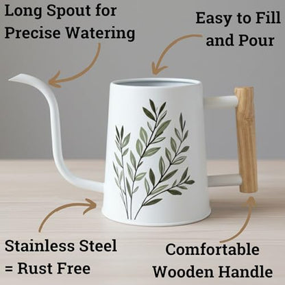 Metal Small Indoor Watering Can with Long Spout & Real Wood Handle, 35oz