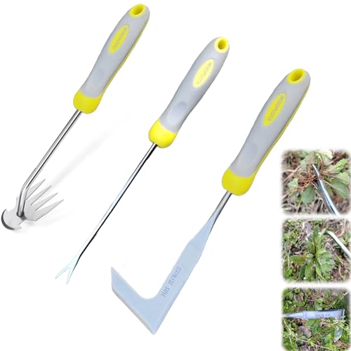 Weed Puller Tool, 3 Pack Garden Stainless Steel Manual Hand Weeder with Ergonomic Soft Grip Handle, L-Shape Crack Weeder, V-Shape Uprooting Tool & 4 Teeth Weed Puller for Lawn, Driveway, Paver Cracks