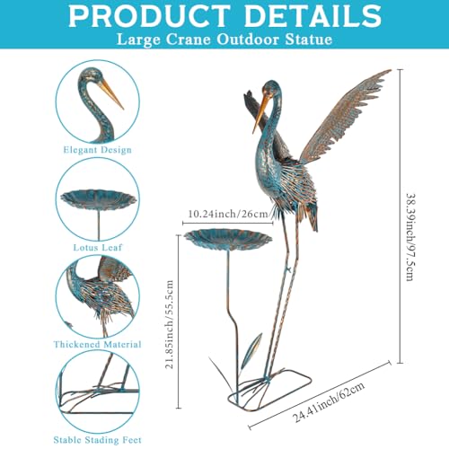 Large Heron Outdoor Statues with Leaf Tray - color: Blue & Gold-heron