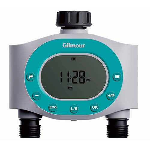 Gilmour Dual Outlet Water Timer for Garden Hose, Programmable Automatic Watering System, LCD Screen, Rain Delay, Battery Operated - size: Dual Outlet