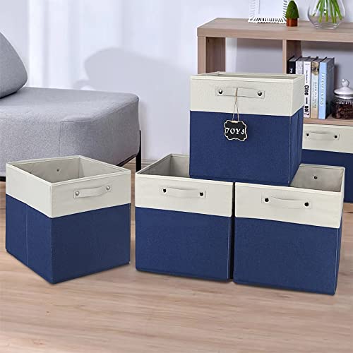 12x12 Collapsible Fabric Storage Cubes, Set of 4, White Blue, Linen Cardboard, 40 lbs Capacity, Kallax Compatible - color: white & blue-4pack, size: 12''x12''x12''