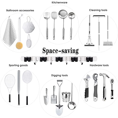 2 Pack Broom Holder Wall Mount, 5 Racks 4 Hooks Mop and Broom Organizer - color: 5 Racks & 4 Hooks (Silver) - 2 Pack