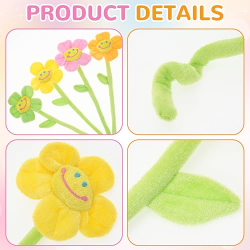 16 Pack Pastel Plush Flowers with Bendable Stems, Stuffed Sunflower Bouquet Toy with Smiley Face, 12 Inch Soft Artificial Flower for Curtain Tiebacks, Nursery Room Decor