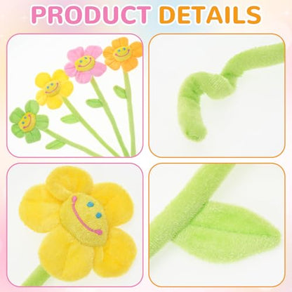 16 Pack Pastel Plush Flowers with Bendable Stems, Stuffed Sunflower Bouquet Toy with Smiley Face, 12 Inch Soft Artificial Flower for Curtain Tiebacks, Nursery Room Decor