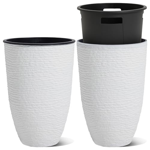 Worth Garden 2-Pack 21" H. White Tall Planters with Inside Pots - 14'' Dia Plastic Large Round Plant Tree Pots - Decorative Imitation Stone Finish for Indoor Outdoor Front Porch Container Patio - color: White