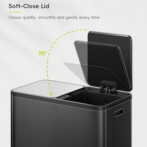 EKO EcoCasa Plus 2 x 10.6 Gal (2 x 40 L) Dual Trash Can for Kitchen, Large Stainless Steel Step-On Garbage Can, Trash and Recycle Bin Combo with Soft-Close Lids, Removable Buckets, Matte Black - color: Matte Black, size: 40L+40L