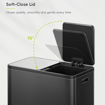 EKO EcoCasa Plus 2 x 10.6 Gal (2 x 40 L) Dual Trash Can for Kitchen, Large Stainless Steel Step-On Garbage Can, Trash and Recycle Bin Combo with Soft-Close Lids, Removable Buckets, Matte Black - color: Matte Black, size: 40L+40L