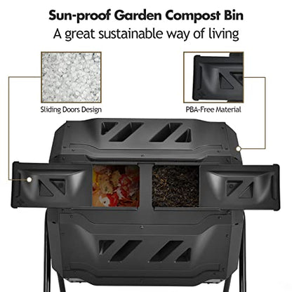 IRONMAX Outdoor Compost Tumbler, 43 Gallon (163 L) Rotating Tumbling Composter with Dual Chamber, Large Composting Bin for Frame Garden Yard Waste, Black