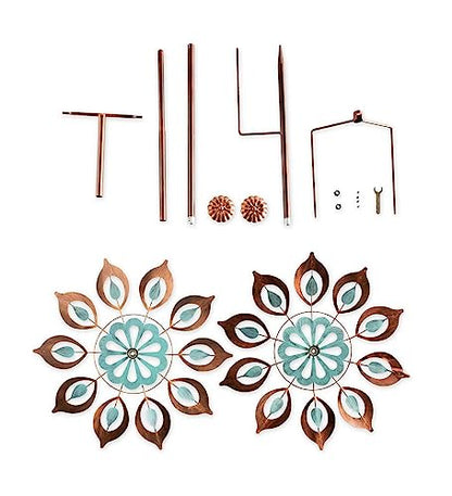 Mesmerizing Copper Lily Wind Spinner Dual-Tone | Petal-in-Petal Design | Independent Rotors | Brushed Copper & Antique Blue |All Seasons | 24" Wx75 H