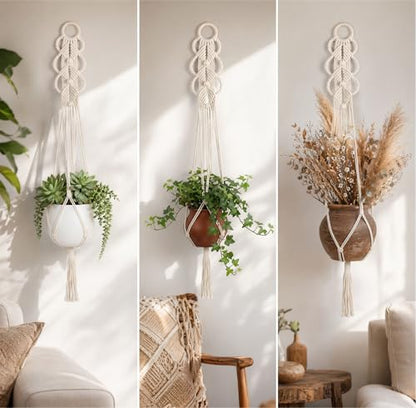Macrame Wall Plant Hanger, Boho Hanging Planter with LED Lights - color: White X 1pc