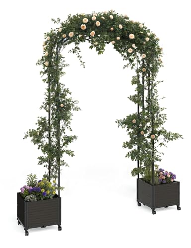 47" Rolling Garden Arch Trellis with Planter Box – Rustproof Metal Frame - size: Span 1.2