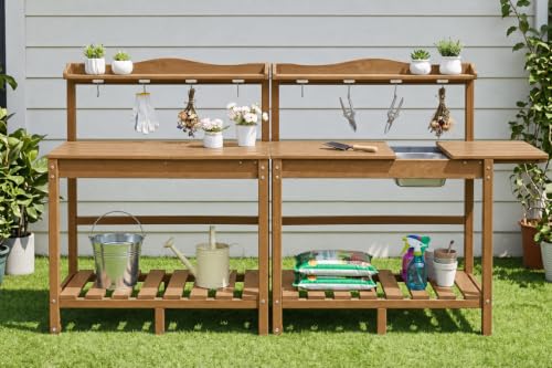 All-Weather HDPE Outdoor Potting Bench 2-Piece Set with Removable Sink, Expandable Gardening Work Station with Sliding Tabletop, Built-in Wheels, Heavy Duty Planting Table, Brown