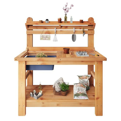 Jocisland Outdoor Solid Wood Potting Bench with Large Tabletop, Sink&Shelf