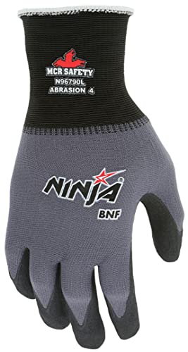 MCR Safety Ninja BNF N96790L Work Glove, 15 Gauge Nylon/Spandex Shell, Breathable Nitrile Foam (BNF) Coated Palm & Fingertips, Large, Black / Gray, Grey - size: Large