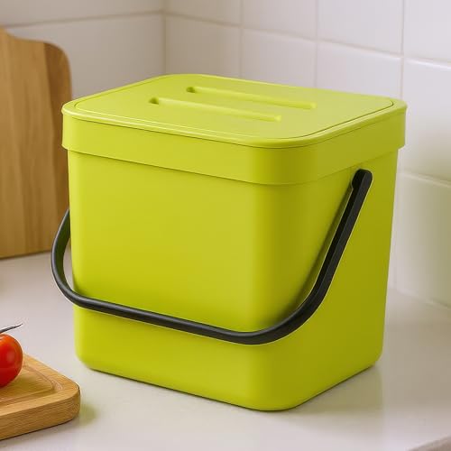 Countertop Compost Bin Kitchen, 1.8 Gallons Hanging Trash Can with Lid for Kitchen Cabinet Door, Under Sink, Wall Mounted Waste Bin for Bathroom, 7L(Lime Green) - color: GREEN, size: 7 L / 1.8 Gal - Lid