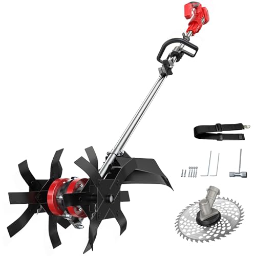 Cordless 2-in-1 Tiller Cultivator & Weed Wacker Compatible with Milwaukee 18V Battery (Tool Only), Ecarke Brushless Electric Garden Tiller Weed Eater, 9" Tilling Width 9.4" Depth for Soil Cultivation - color: Red