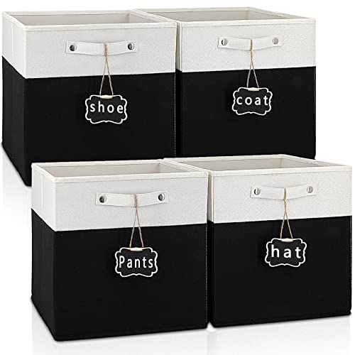 13x13x13 Inch Large Foldable Fabric Linen Cube Storage Bins【4-pack】, with Cotton Handles Closet Bins for Cabinet Shelves Home Organization and Storage bins(White&black) - color: white & black-4pack, size: 13''x13''x13''
