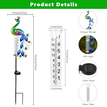 Peacock Rain Gauge Outdoor 36.6" Solar Powered Rain Gauges - color: Green Peacock