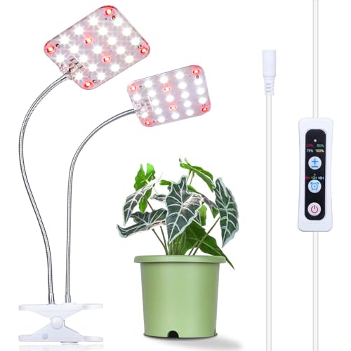 2-Head Clip Plant Light, Dimmable Grow Light with Timer