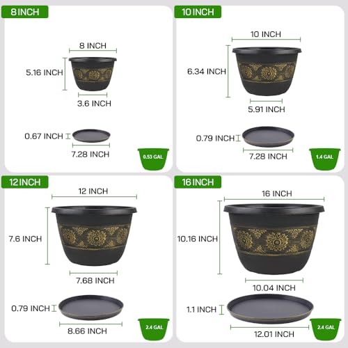 Usocik 10 Inch Plant Pots, 4 Pack, Gold Retro Floral - color: Gold