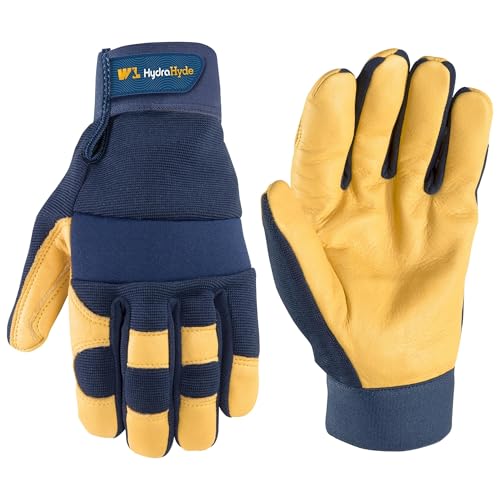 Wells Lamont Men's Leather Palm Work Gloves – HydraHyde Water-Resistant Leather, Flexible Spandex Back, Adjustable Closure - color: Blue, size: Large