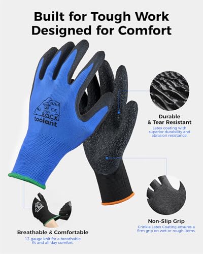 toolant Crinkle Latex Work Gloves, 12 Pairs, Black & Blue, Small - color: Black & Blue, size: Small